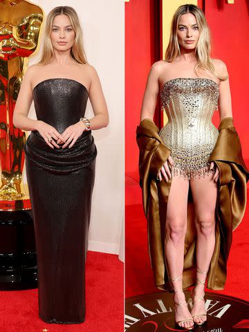 <p>Getty (2)</p> Margot Robbie at 2024 Oscars (left) and 2024 Vanity Fair Oscar Party.
