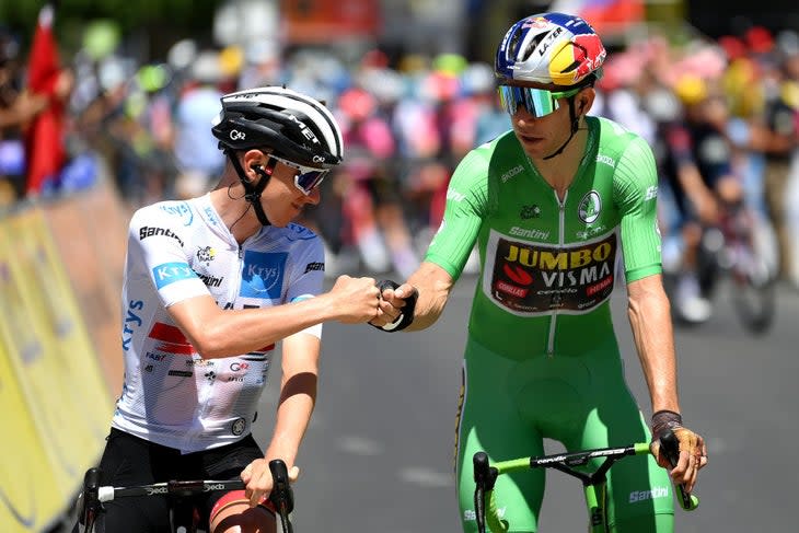 <span class="article__caption">Pogacar knows Van Aert, shown here at the 2022 Tour de France, is among his top rivals. (Photo by Alex Broadway/Getty Images)</span>