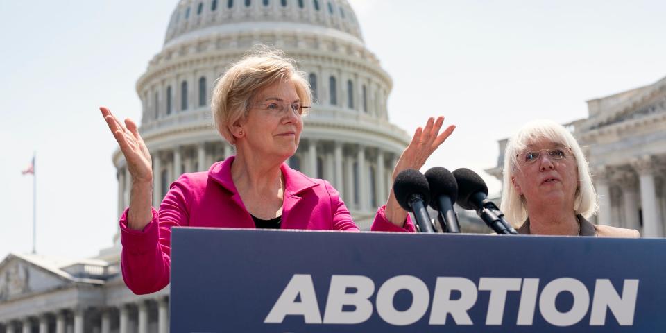 Sen. Elizabeth Warren, D-Mass., and Sen. Patty Murray, D-Wash., express their frustration during a news conference as the Supreme Court is poised to possibly overturn Roe v. Wade and urge President Joe Biden to use his executive authority to protect abortion rights, at the Capitol in Washington, Wednesday, June 15, 2022.