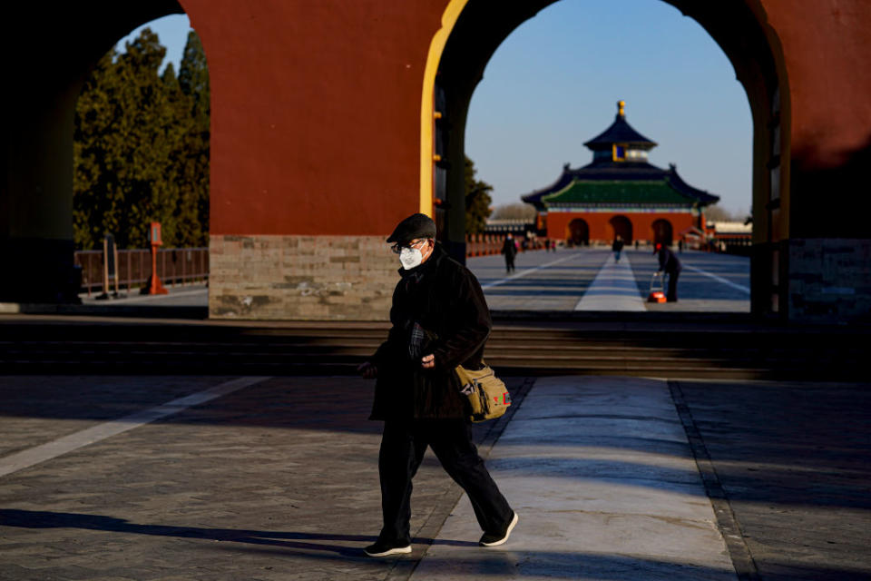 BEIJING, CHINA - MARCH 04: A Chinese man wearing a protective facemask, as he visits a Tiantan park in Beijing on February 29, 2020 in Beijing, China. (Photo by Fred Lee/Getty Images)