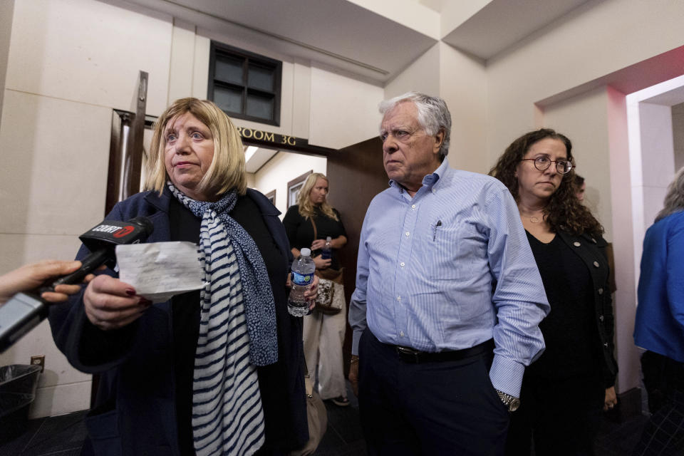 Ruth Markel shares a statement she had prepared with the media after Charlie Adelson was found guilty on all three charges for the murder of their son Dan Markel on Monday, Nov. 6, 2023, in Tallahassee. A jury has convicted Adelson, a Florida dentist of murder and other charges in the 2014 slaying of his former brother-in-law, a prominent professor killed following a bitter custody battle with the dentist's sister. (Alicia Devine/Tallahassee Democrat via AP, Pool)