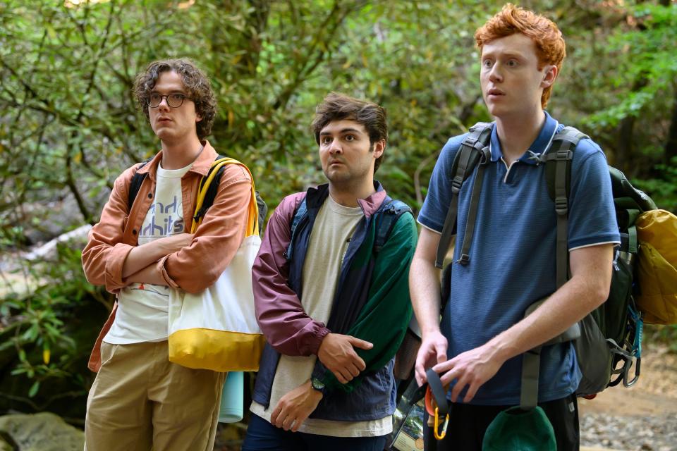 Martin Herlihy, left, John Higgins and Ben Marshall play loose versions of themselves in Peacock comedy "The Treasure of Foggy Mountain."