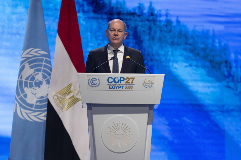 German Chancellor Olaf Scholz, speaks during the COP27 U.N. Climate Summit, in Sharm el-Sheikh, Egypt, Monday, Nov. 7, 2022. (AP Photo/Nariman El-Mofty)