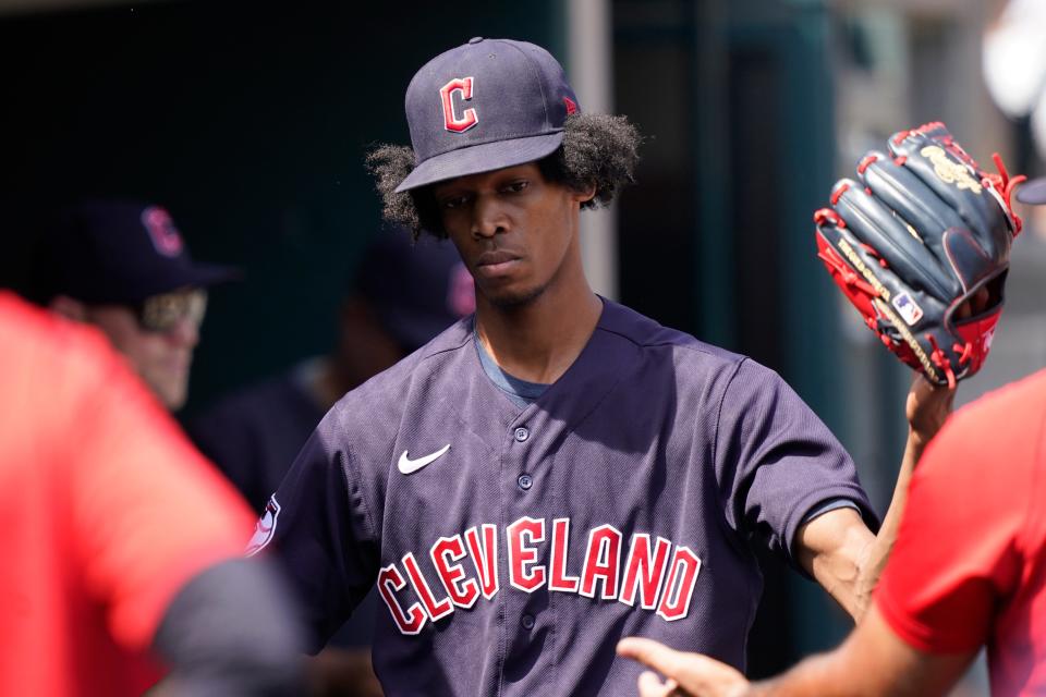 Guardians starting pitcher Triston McKenzie is greeted in the dugout after the seventh inning against the Tigers, Sunday, May 29, 2022, in Detroit.