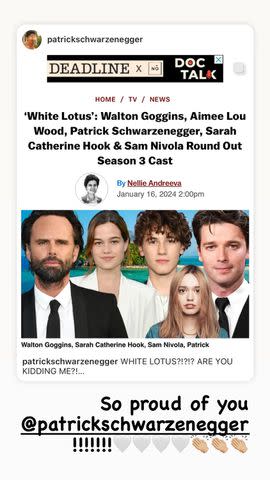 <p>Maria Shriver/Instagram</p> Abby Champion celebrates Patrick Schwarzenegger's casting in 'The White Lotus' season 3 on her Instagram Story