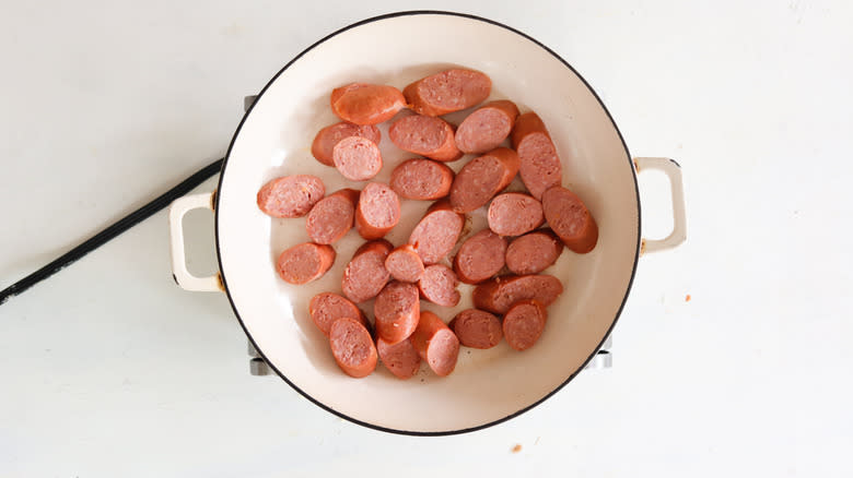 browned kielbasa in a pan