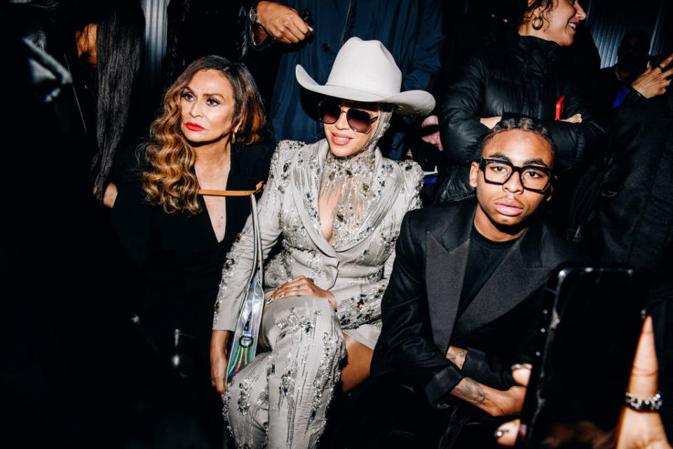 Tina Knowles and Beyoncé at Luar RTW Fall 2024 as part of New York Ready to Wear Fashion Week held on February 13, 2024 in New York, New York. (Photo by Nina Westervelt/WWD via Getty Images)