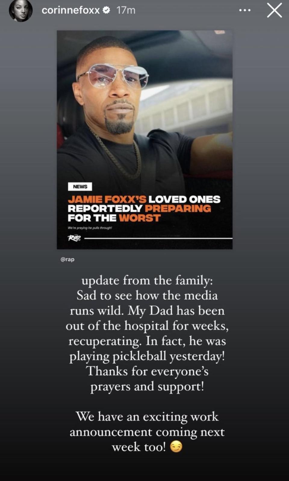 Foxx's daughter dismissed reports about her father's health worsening on Instagram.