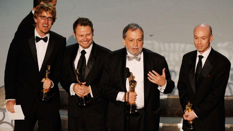 Joe Letteri (speaking) with Andrew Jones, Richard Baneham, and Stephen Rosenbaum accepting the Oscar for Best Visual Effects for Avatar in 2010.