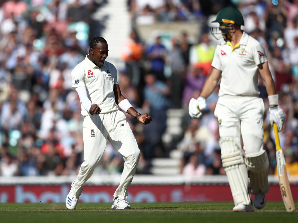 LONDON, ENGLAND - SEPTEMBER 13:  Jofra Archer of England celebrates taking the wicket of Marnus Labuschagne of Australia during day two of the 5th Specsavers Ashes Test match between England and Australia at The Kia Oval on September 13, 2019 in London, England. (Photo by Julian Finney/Getty Images)