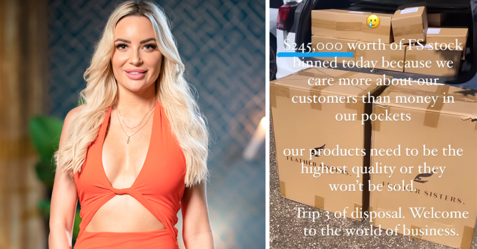 Melinda on MAFS (left) and an Instagram Story showing a pile of boxes (right). 