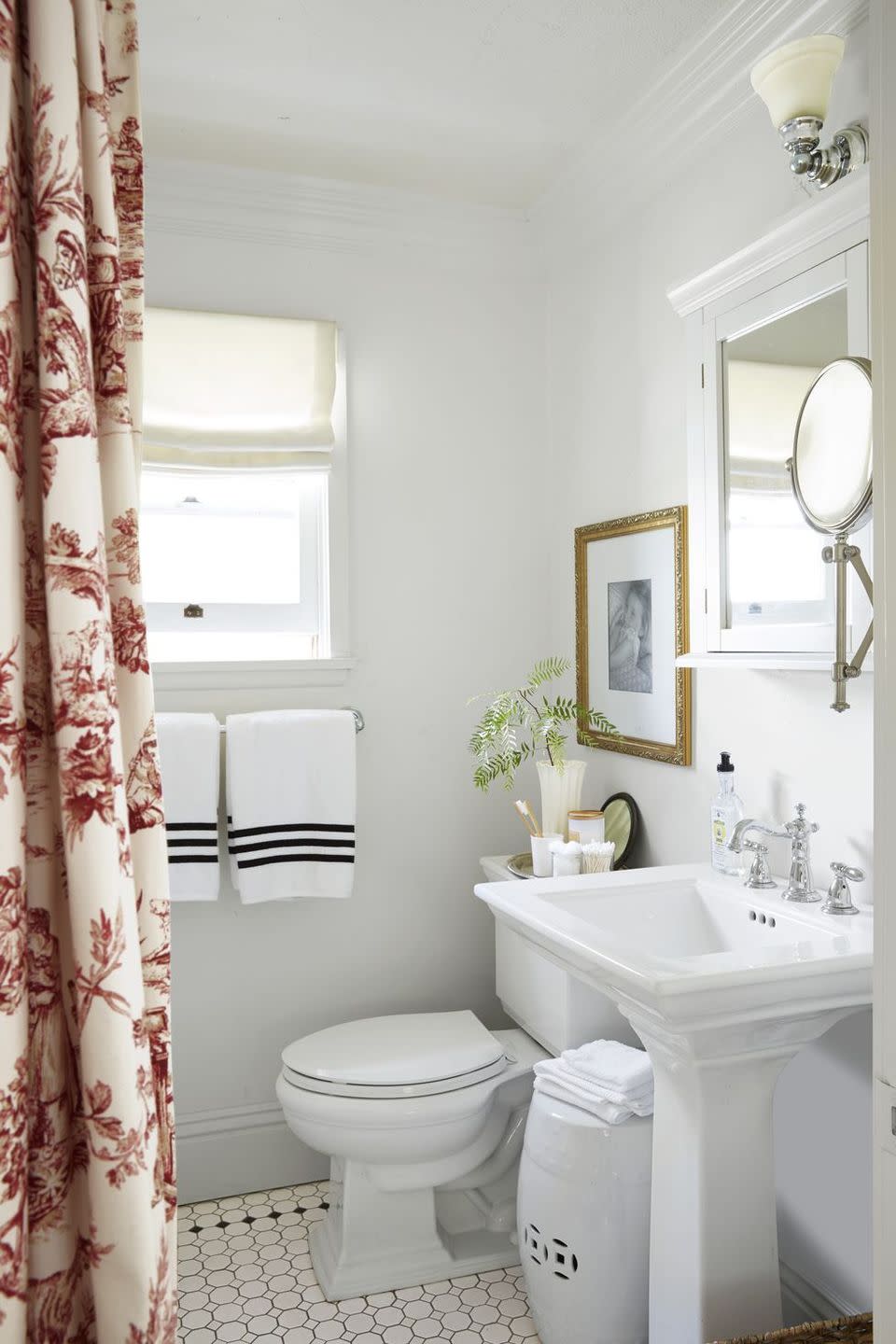 small bathroom storage ideas, garden stool between the white toilet and sink