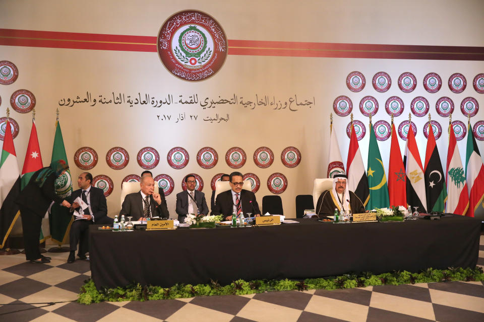 Representatives from Arab League states prepare resolutions for an Arab heads of state annual meeting on Wednesday, at the Dead Sea, Jordan, Monday, March 27, 2017. Ayman Safadi, Jordan's foreign minister, told Arab counterparts Monday that the region must come together and urgently confront crises that have been allowed to fester, including violent conflicts and millions of children deprived of an education. (AP Photo/Sam McNeil)