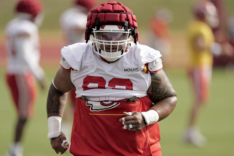 Kansas City Chiefs defensive tackle Danny Shelton runs during NFL football training camp Monday, Aug. 15, 2022, in St. Joseph, Mo. (AP Photo/Charlie Riedel)