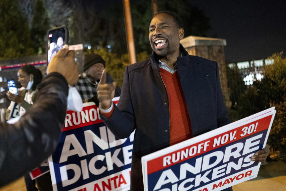 Atlanta mayoral runoff candidate Andre Dickens celebrates with supporters just before the close of polls Tuesday, Nov. 30, 2021, in Atlanta. Dickens won the runoff election Tuesday to become Atlanta’s next mayor, riding a surge of support that powered him past the council’s current president, Felicia Moore, after finishing second to her in November. (AP Photo/Ben Gray)
