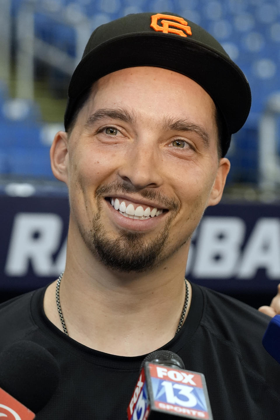 San Francisco Giants pitcher Blake Snell speaks to the media before a baseball game against the Tampa Bay Rays, Friday, April 12, 2024, in St. Petersburg, Fla. Snell, a former pitcher for the Rays, is making his first trip to Tropicana Field since leaving the team. (AP Photo/Chris O'Meara)