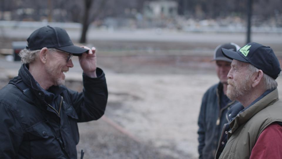 Ron Howard (left) tips his hat to Steve “Woody” Culleton (right) on Woody’s property in ParadiseNational Geographic/Lincoln Else