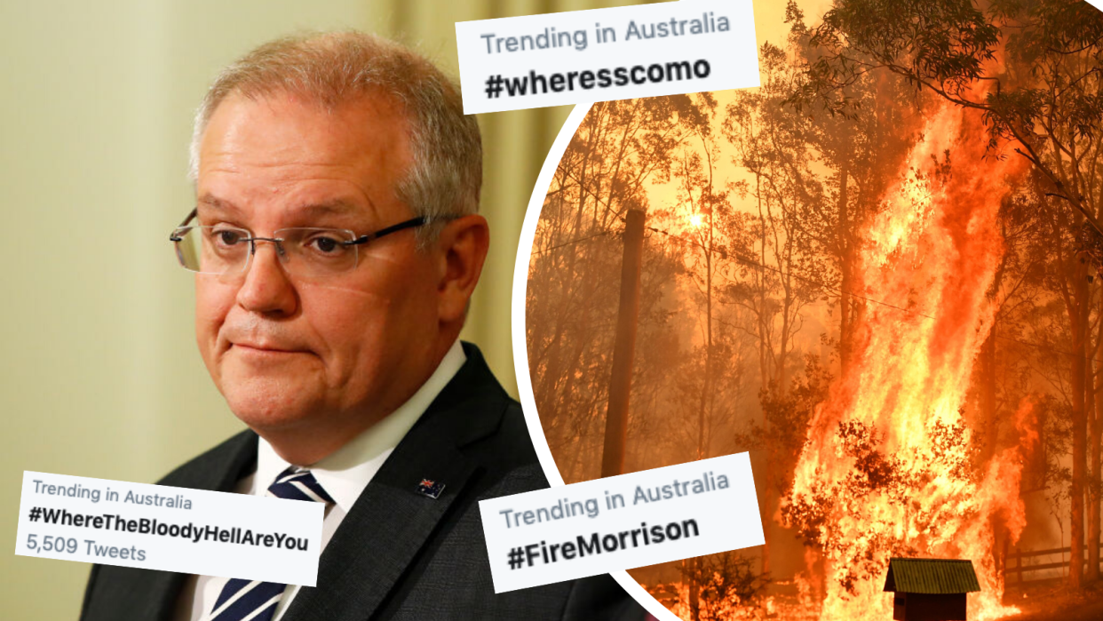 Australians are asking about the Prime MInister's whereabouts while bushfires continue to ravage the eastern seaboard. (Source: AAP, Yahoo Finance screenshot/Twitter)