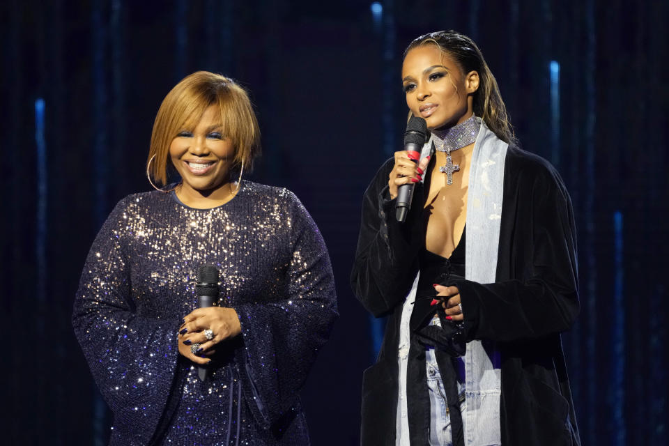 Mona Scott-Young, left, and Ciara introduce a performance by Missy Elliott at the Black Music Collective on Thursday, Feb. 2, 2023, at The Hollywood Palladium in Los Angeles. (AP Photo/Chris Pizzello)