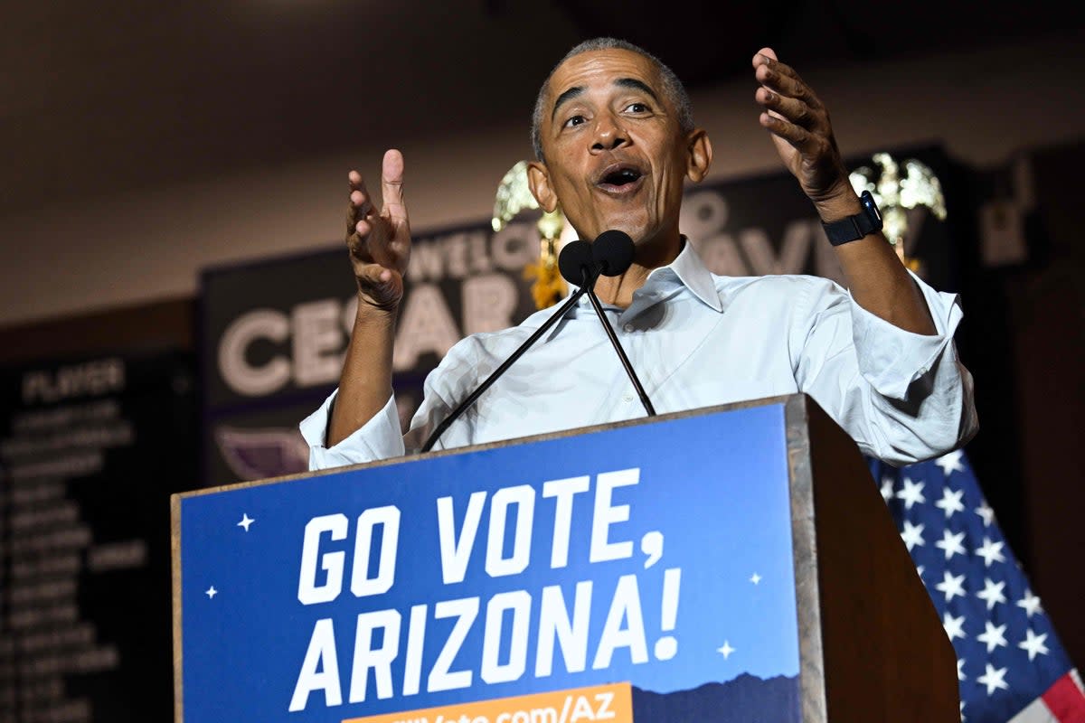 Former US President Barack Obama speaks during a campaign event supporting US Senator Mark Kelly and Democratic Gubernatorial candidate for Arizona Katie Hobbs (AFP via Getty Images)