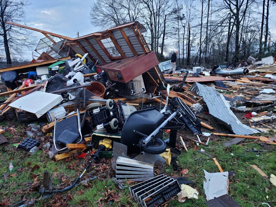 This photo provided by Bossier Parish Sheriff's Office shows damage from Friday nights severe weather, including the home of an elderly in Bossier Parish, La., on Saturday, Jan. 11, 2020. The Bossier Parish Sheriff's Office said that the bodies of an elderly couple were found Saturday near their demolished trailer by firefighters. A search for more possible victims was underway. (Lt. Bill Davis/Bossier Parish Sheriff's Office via AP)