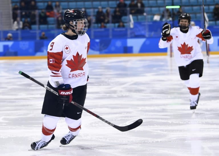 Jennifer Wakefield scored for Canada to help the defending Olympic champions reach the women's ice hockey final against the United States with a 5-0 shutout of the OAR