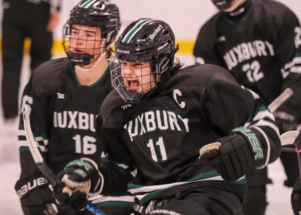 Duxbury's Brady Walsh celebrates after scoring a goal during a game against Hingham at Pilgrim Skating Arena in Hingham on Monday, January 29, 2024.