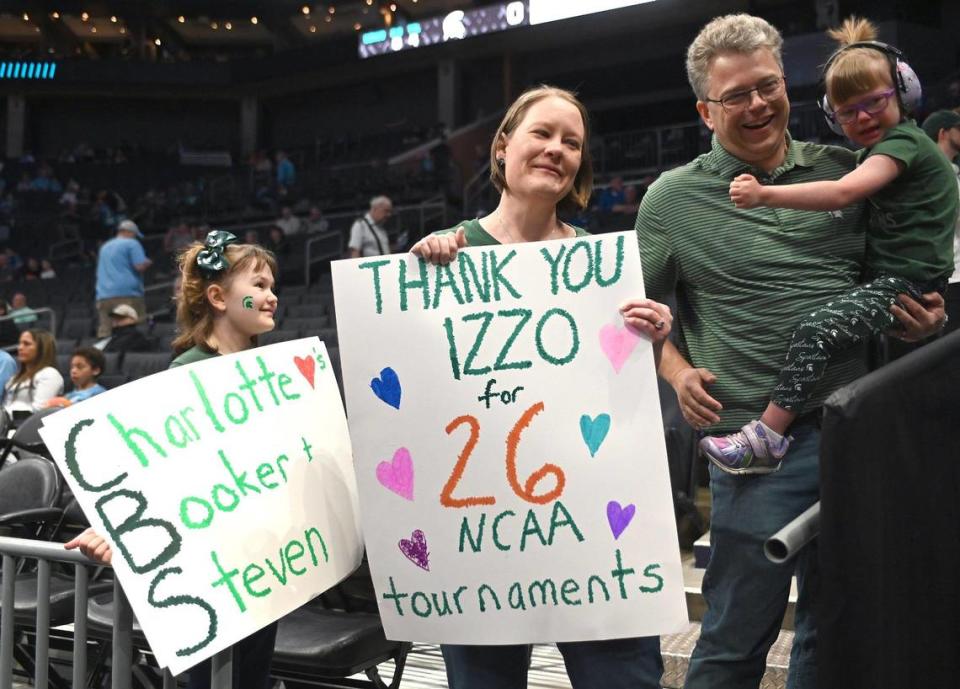 (L-R) Michigan State fans Julia, Jill, Hans and Grace VanderMeulen show support to the Spartans prior to action against Mississippi State in the First Round of the 2024 NCAA Division 1 Men’s Basketball Championship at Spectrum Center in Charlotte, NC on Thursday, March 21, 2024.