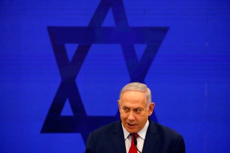 Israeli Prime Minister Benjamin Netanyahu delivers a statement in Ramat Gan, near Tel Aviv