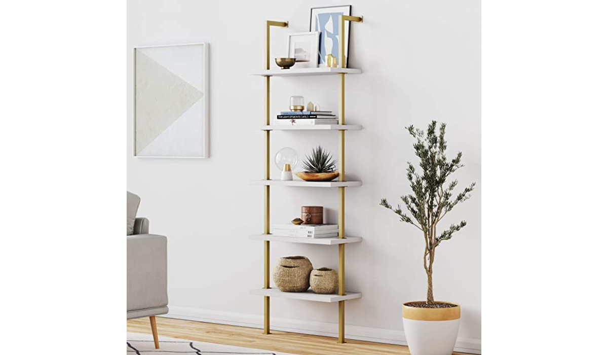 Save $50 on this open-wall mount bookcase that ties the room together. (Photo: Amazon)