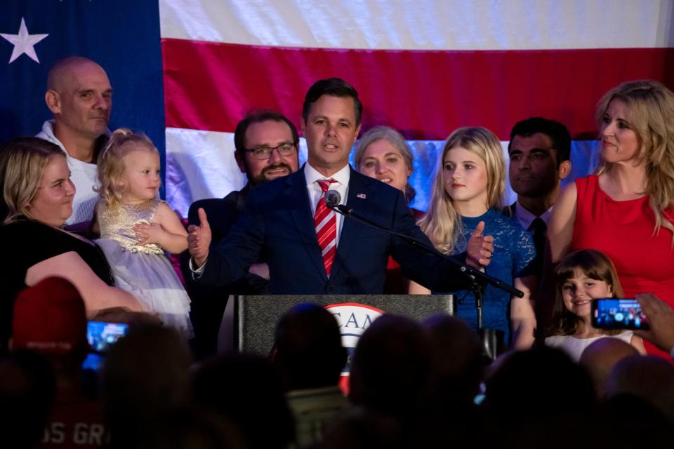 Republican Zach Nunn gives his victory speech during the Iowa GOP election night celebration on Tuesday, Nov. 8, 2022, at the Hilton hotel in downtown Des Moines. The Associated Press had not yet declared a winner as of midnight Tuesday.