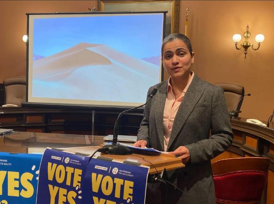 State Sen. Aisha Wahab speaks on Wednesday at the California Capitol in support of her bill which would ban caste discrimination.