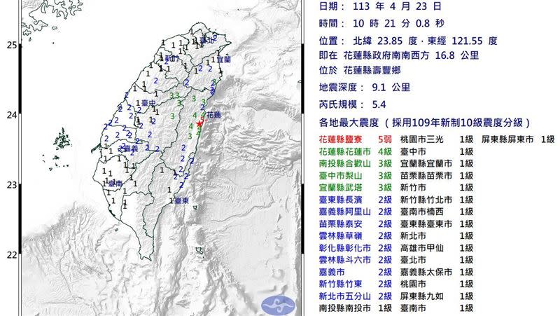 今（23）天10:21又發生芮氏規模5.4地震。（圖／翻攝氣象署）