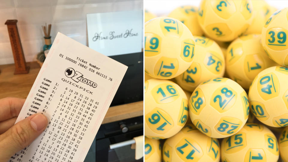 A Brisbane couple has won $5.8 million in Oz Lotto draw. Pictured left is a lotto ticket and right are a pile of numbered Oz Lotto balls.