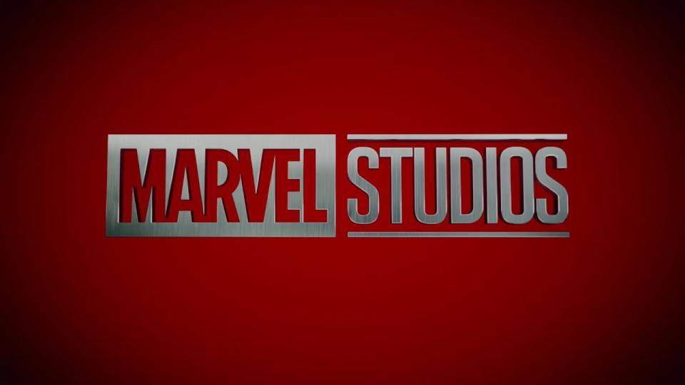 A screenshot of the official logo for Marvel Studios, which features silver writing on a red background