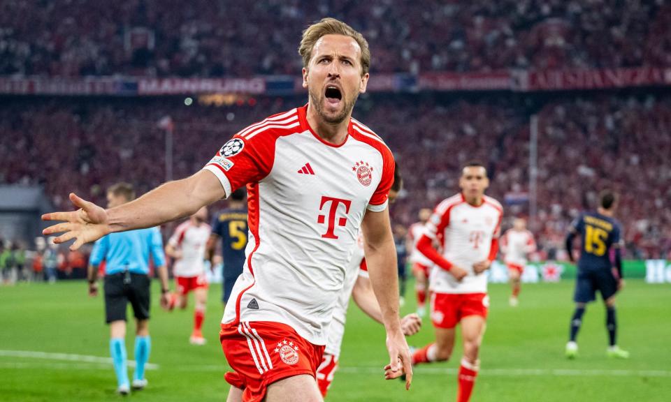 <span>Harry Kane celebrates after scoring Bayern’s second goal in their Champions League semi-final first leg against Real Madrid.</span><span>Photograph: Kevin Voigt/Getty Images</span>