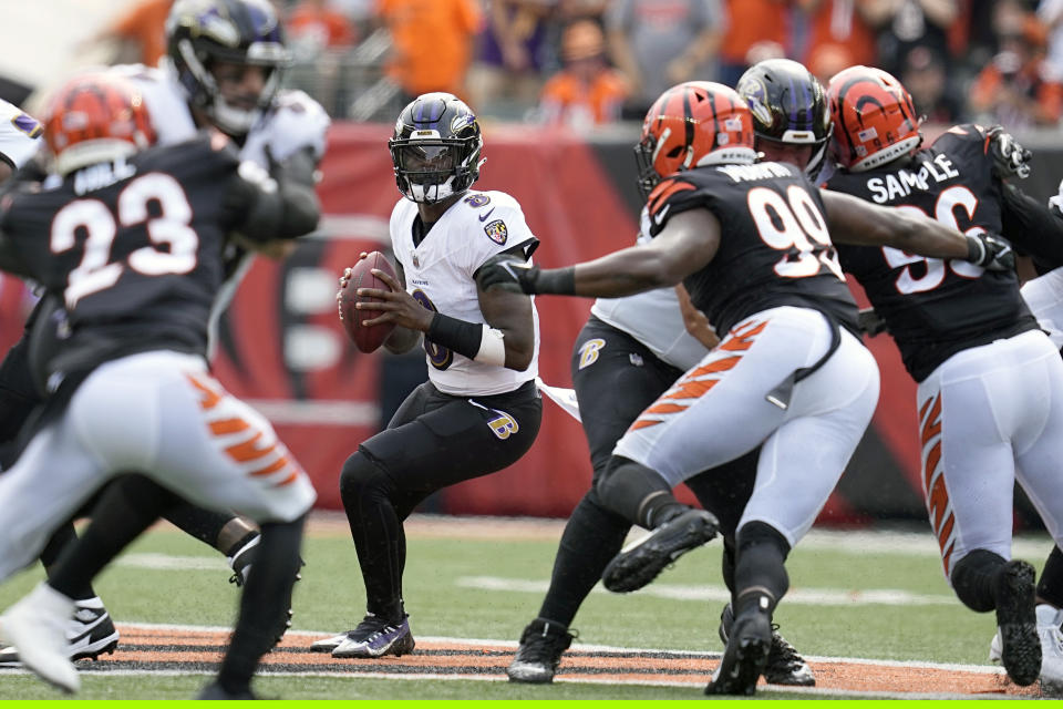 Baltimore Ravens quarterback Lamar Jackson drops back to pass during the first half of an NFL football game against the Cincinnati Bengals Sunday, Sept. 17, 2023, in Cincinnati. (AP Photo/Darron Cummings)