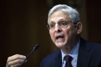 Attorney General Merrick Garland testifies during a Senate Judiciary Committee hearing examining the Department of Justice on Capitol Hill in Washington, Wednesday, Oct. 27, 2021. (Tom Brenner/Pool via AP)