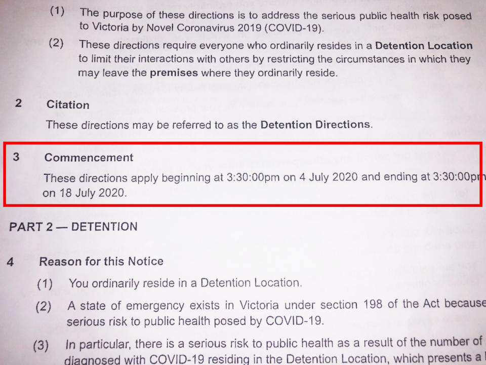 Pictured is a letter with a red box around a commencement clause that suggests lockdown if 14 days long rather than five. 