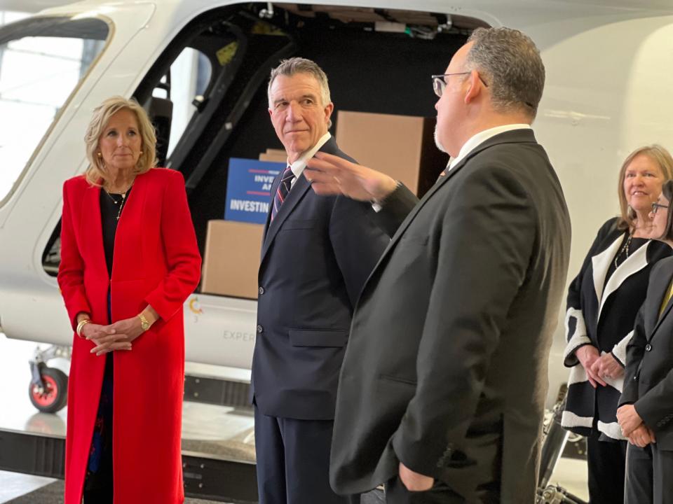 Miguel Cardona talks with Beta interns and says their experience is one that should be replicated across America, as Dr. Jill Biden and Gov. Phil Scott look on. First Lady Jill Biden and U.S. Secretary of Education Miguel Cardona visit Beta Technologies in South Burlington on April 5, 2023.