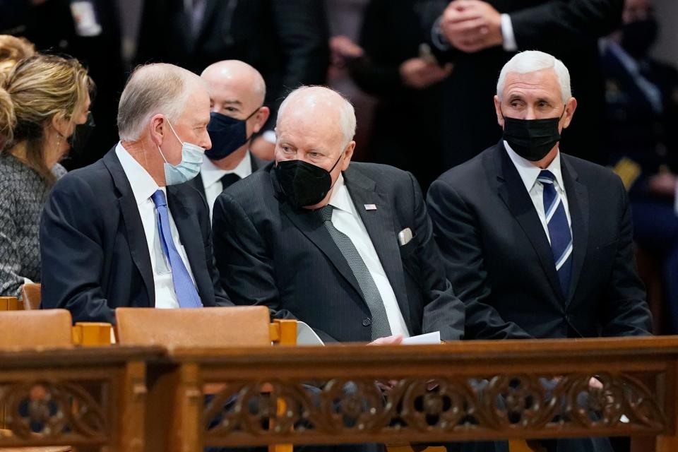 From left, former vice president's Dan Quayle, Dick Cheney and Mike Pence attend the funeral of former Sen. Bob Dole of Kansas, at the Washington National Cathedral on Dec. 10, 2021.