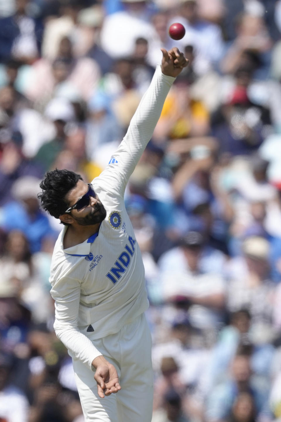 India's Ravindra Jadeja bowls on the first day of the ICC World Test Championship Final between India and Australia at The Oval cricket ground in London, Wednesday, June 7, 2023. (AP Photo/Kirsty Wigglesworth)