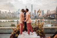 <p>Rooftops are glamorous and dramatic destinations. To define an area for this couple’s vows, Carter and her floral team created an asymmetrical assemblage of meadowlike blooms and grasses—the perfect foil to the New York vistas beyond. Bonus points: The dusty peach tones of the flowers coordinate perfectly with the newlyweds’ dapper suits! </p>