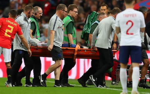 Luke Shaw of England is stretchered from the pitch following injury during the UEFA Nations League A group four match between England and Spain at Wembley Stadium on September 8, 2018 in London, United Kingdom - Credit: Getty images