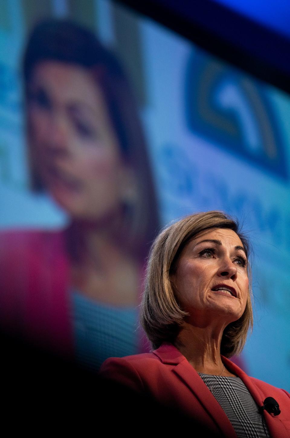 Gov. Kim Reynolds speaks during the FAMiLY Leadership Summit at the Community Choice Credit Union Convention Center Friday, July 15, 2022 in Des Moines.