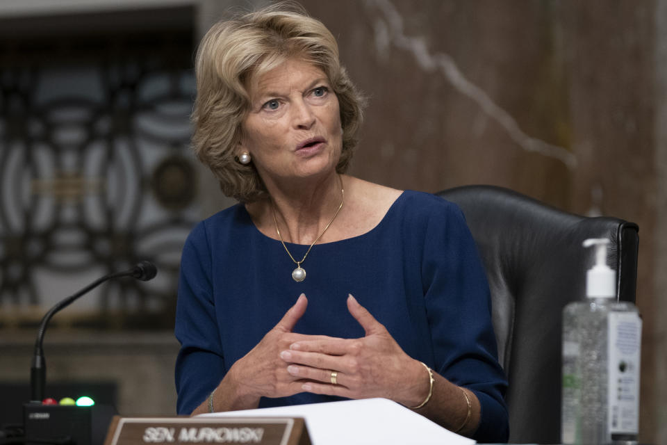 Sen. Lisa Murkowski, R-Alaska, questions witnesses during a Senate Senate Health, Education, Labor, and Pensions Committee Hearing on the federal government response to COVID-19 on Capitol Hill Wednesday, Sept. 23, 2020, in Washington. (Alex Edelman/Pool via AP)