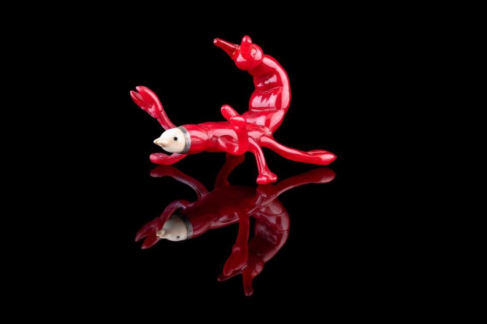 Larry Ahvakana’ Scorpion, created from blown glass, ivory and metal, will be on display at the Wichita Art Museum.