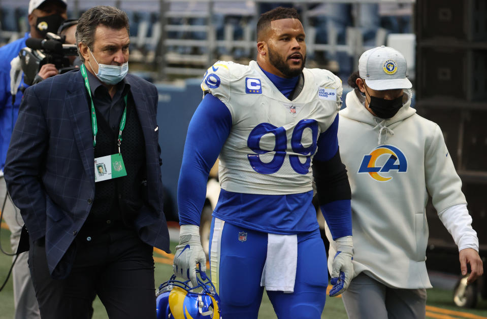 Defensive lineman Aaron Donald suffered an injury against the Seahawks. (Photo by Abbie Parr/Getty Images)