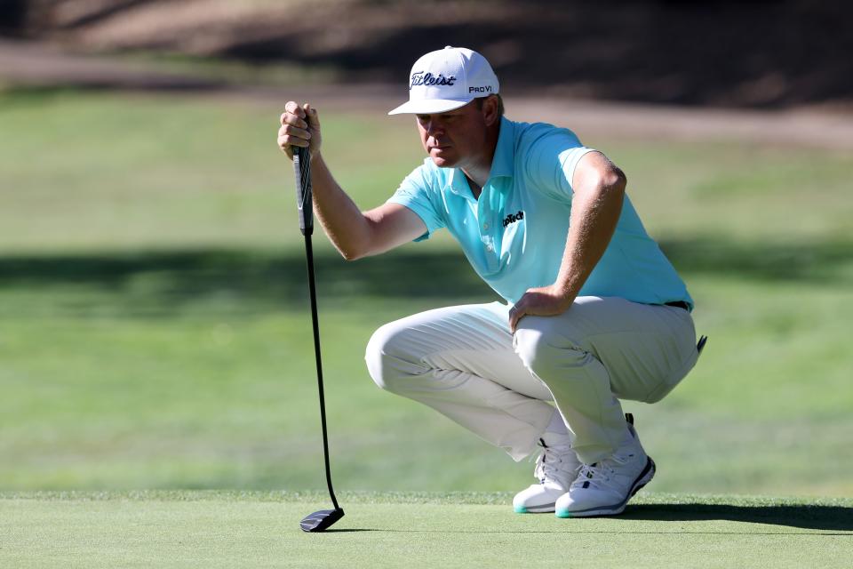 NAPA, CALIFORNIA - SEPTEMBER 13: Patton Kizzire of the United States lines up a putt on the fourth green during the second round of the Procore Championship 2024 at Silverado Resort on September 13, 2024 in Napa, California. (Photo by Jed Jacobsohn/Getty Images)