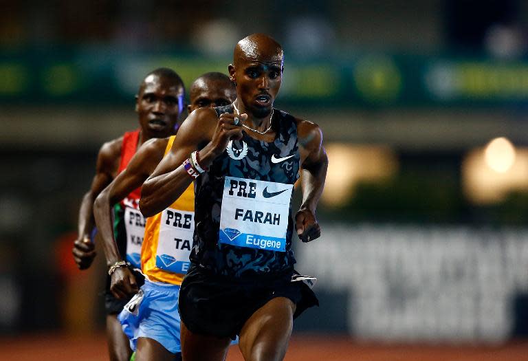 Mo Farah of Great Britain leads the pack during the 10,000m event, on day one of the IAAF Diamond League Prefontaine Classic, at Hayward Field in Eugene, Oregon, on May 29, 2015
